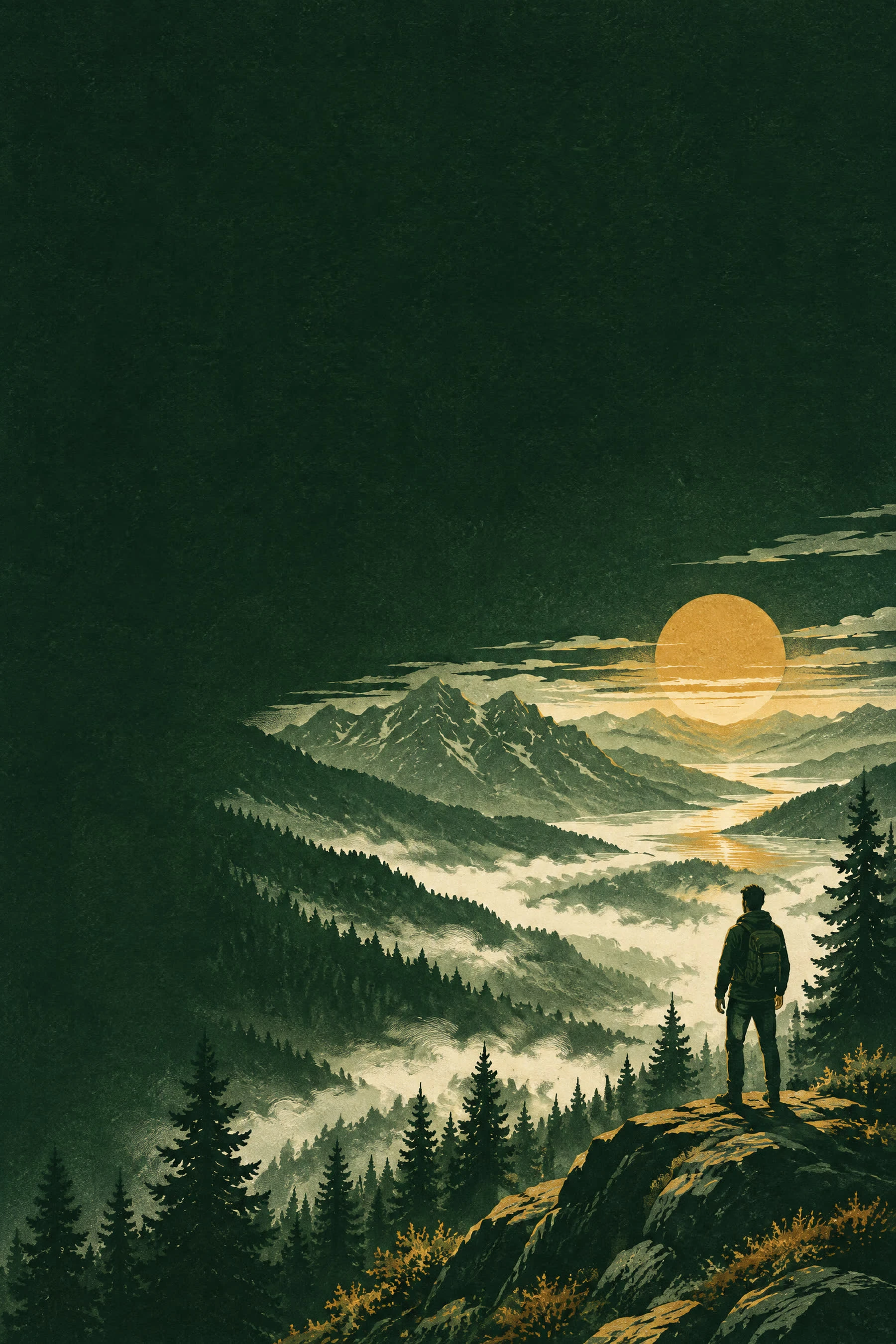 Berglandschaft mit Wanderer und Sonne